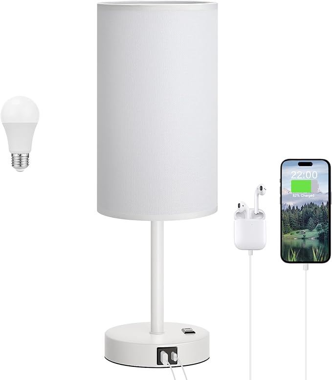 Dicoool Touch Bedside Table Lamp with USB - 3 Way Dimmable White Lamp for Bedroom Nightstand, Desk Lamp with Charging Station for Dorm, Office, Kids Room, Living Room - Bloomnest