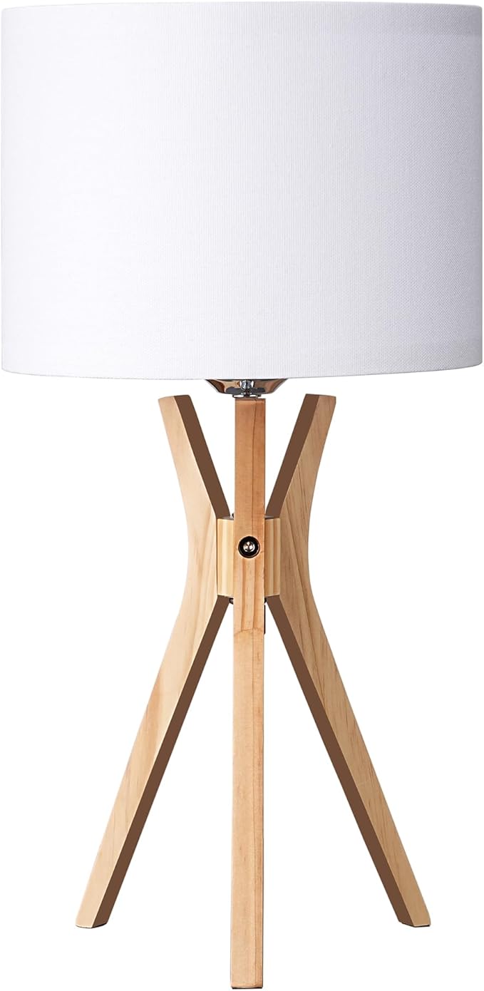 EDISHINE Modern Tripod Table Lamp, 17.5" Bedside Lamp with Natural Wood Light Legs & White Linen Lampshade, Nightstand Lamp for Bedroom, Living Room, Reading Room, E26 Base - Bloomnest