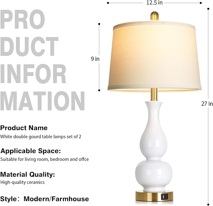 27" Double Gourd Ceramic Lamp Single, Modern White Bedside Table Lamps with USB A+C Ports, Classic Bedroom Lamp for Nightstand, Chinoiserie Lamps for Living Room Side End Table Desk Home Decor - Bloomnest