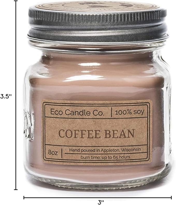 Eco Candle Co. Mason Jar Candle, Coffee Bean, 8 oz. - Scents of Coffee Beans & Hazelnut - 100% Soy Wax, No Lead, Kraft Label & Antiqued Pewter Lid, Hand Poured, Made from Midwest Grown Soybeans - Bloomnest
