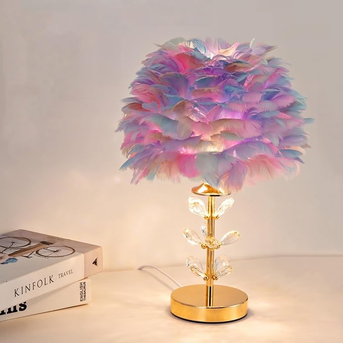 Colorful Feather Lamp Romantic Bedside Nightstand Lamp Creative FfluffyTable Lamp Modern Furry Desk Light for Princess Girls Bedroom Living Room Wedding Christmas Gift Deco Entry Office - Bloomnest