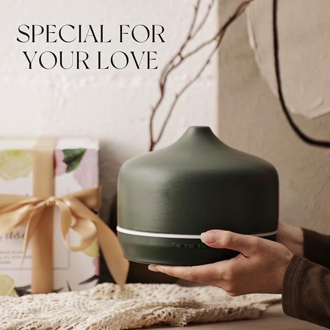 Porseme 500ml Ceramic Essential Oil Diffuser Aromatherapy Ultrasonic Cool Mist Humidifier 15-21 Running Hours Air Diffusers for Sleeping Yoga Office Working Spa and Rest (Hunter Green) - Bloomnest
