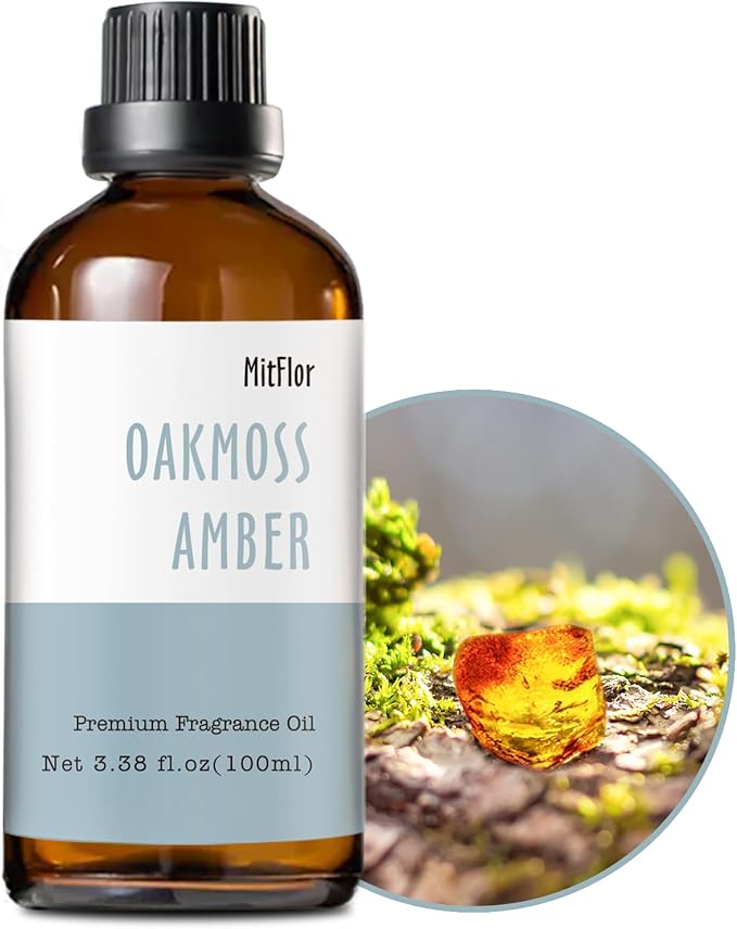 Oakmoss Amber Fragrance Oil (3.38 OZ/100ML),MitFlor Single Scented Oil, Premium Grade Fragrance Oil for Soap & Candle Making, Large Size Aromatherapy Oil, Natural Woody Scent for Home Fragrance & DIY MitFlor