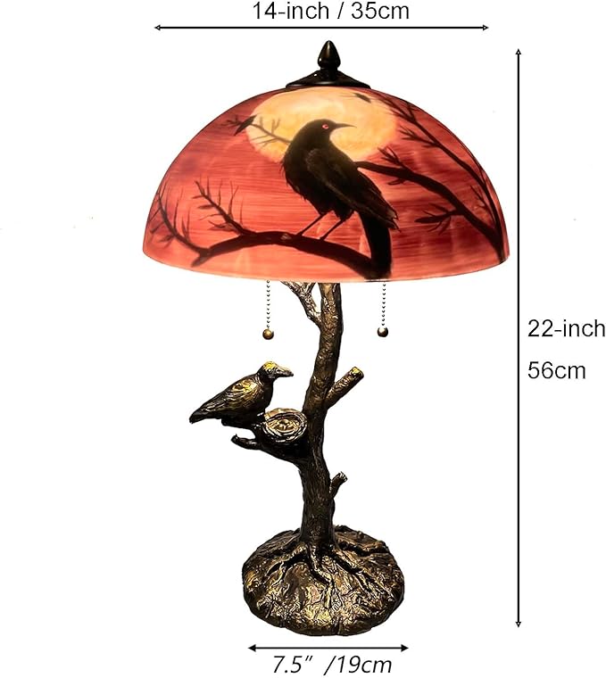 Bieye L10969 Ravens Sitting on Bare Tree Branch Against Full Moon Hand-Painted Glass Table Lamp with Raven Nest Lamp Base for Halloween Home Decor (Black Red, 14" D x 14" W x 22" H)