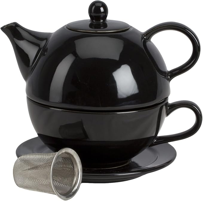Omniware Teaz Tea for One Set - 10 Oz Teapot, 8 Oz Mug, Saucer, Removable Stainless Steel Infuser - Lead-Free Glaze Stoneware, Drip-Free Spout, Stackable, Dishwasher Safe (Black) - Bloomnest
