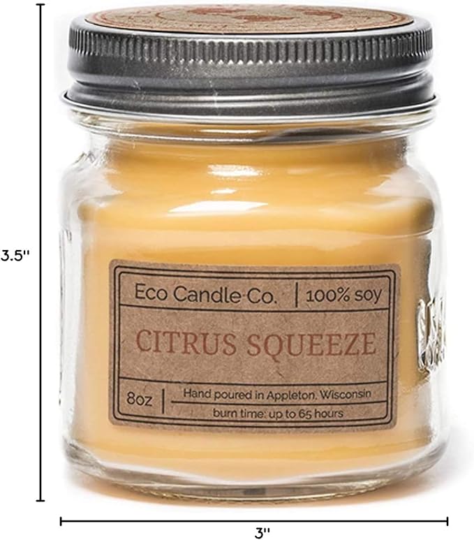 ECO CANDLE CO. Mason Jar Candle, Citrus Squeeze, 8 oz. - Scents of Orange, Tangerine, Grapefruit, Lemon, & Lime - 100% Soy Wax, No Lead, Kraft Label & Antiqued Pewter Lid, Hand Made, Midwest Soybeans - Bloomnest