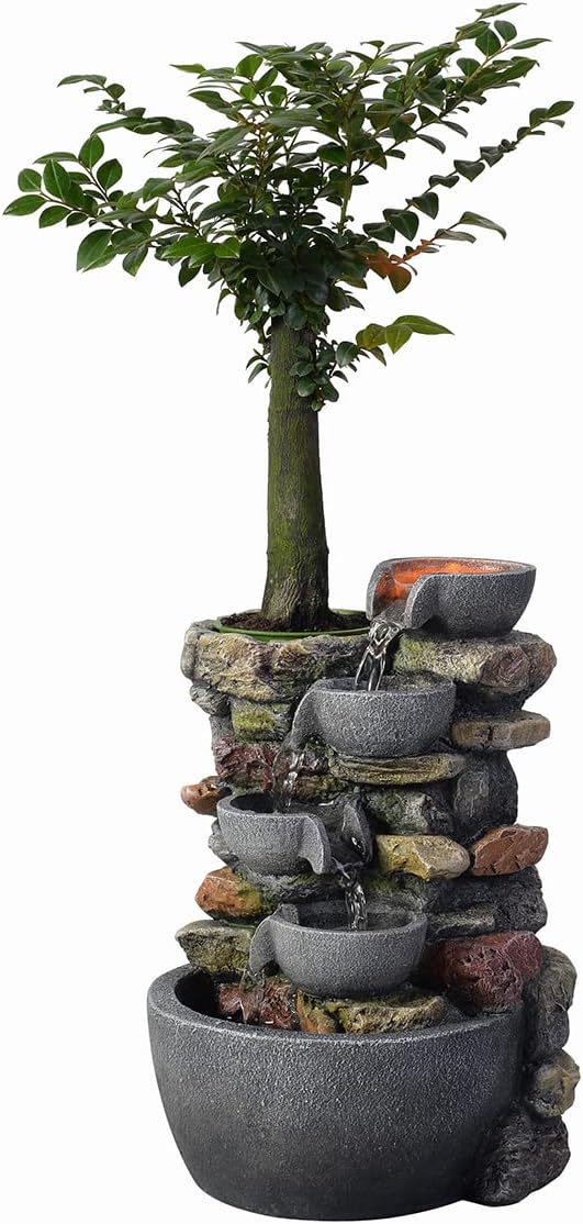 Indoor Fountain 4-Bowl Rockery Soothing Sound Tabletop Fountains Home/Office Decor Gift for Mom,Mother Day Present with A Small Plastic Pot to Grow Plant/Hebs by Yourself (Automatic Watering) - Bloomnest