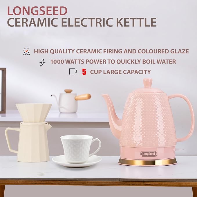 1.2 Liters Ceramic Electric Kettle Pot, Boil Water Quickly and Easily with Boil-Dry Protection, Auto Shut Off, Detachable Swivel Base, Graceful Gooseneck Teapot 1000W, Pink - Bloomnest
