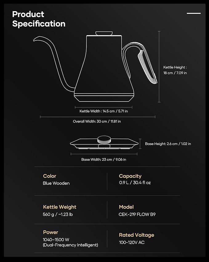 Cocinare FLOW B9 Gooseneck Electric Kettle, Precise Temperature Control for Pour-Over Coffee & Tea Brewing, Stainless Steel Interior, Rapid Heating for Boiling Water 1500W/0.9L (Picasso Blue) - Bloomnest