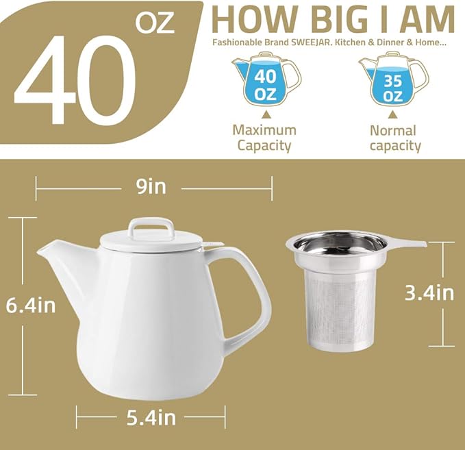 Sweejar 40oz Tea pot with Removable Stainless Steel Infuser,Dishwasher Safe Tea Pots for Loose Tea,Tea Pots with Infuser for Chrismas Women Gift (White)