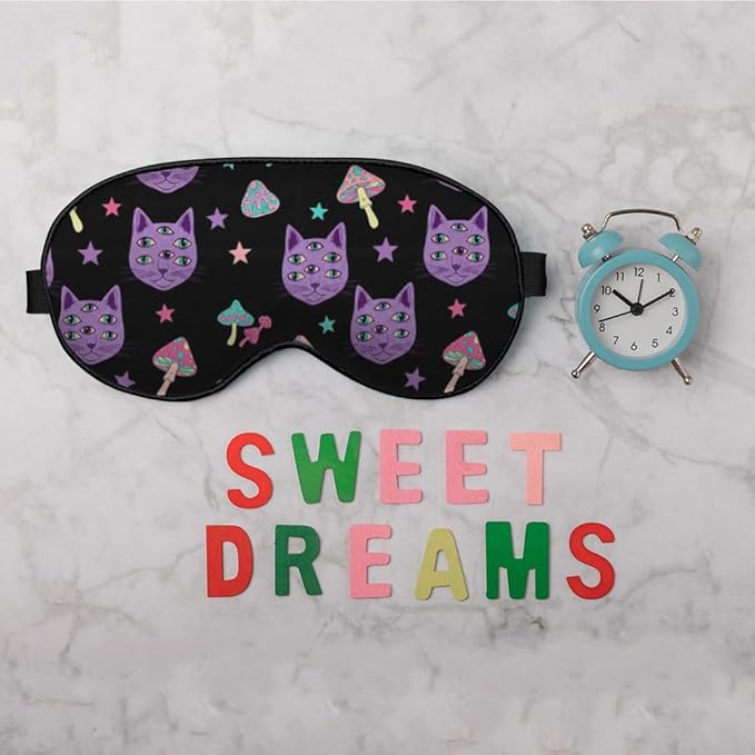 Cat Mushrooms Silk Eye Mask Sleep Mask Bright Psychedelic Cat Halloween Black Eye Mask with Adjustable Strap Lightweight for Women Work Travel Night Sleep - Bloomnest