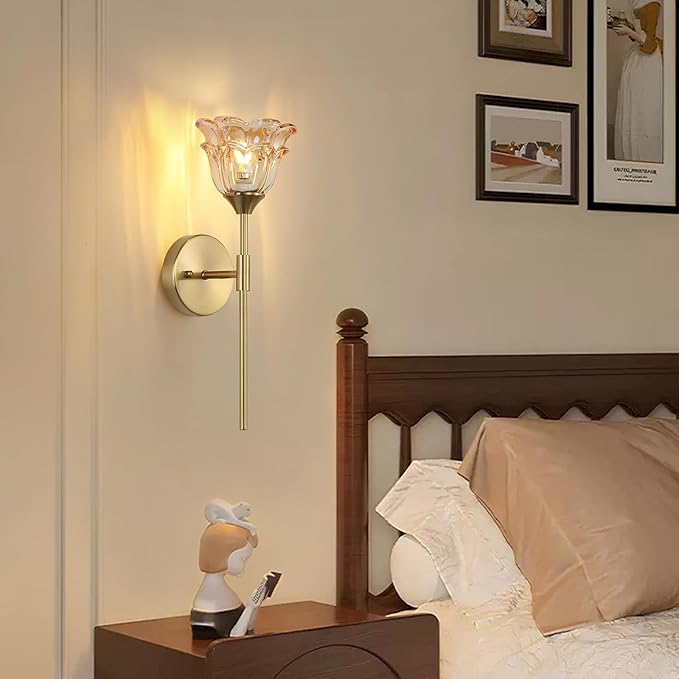 2 Pack Gold Wall Sconce with Modern Amber Glass Shades, Modern Mid Century Bathroom Vanity Wall Light Fixtures, Industrial Brushed Brass Wall Lamp, for Bedroom Mirror Living Room, ETL Listed - Bloomnest