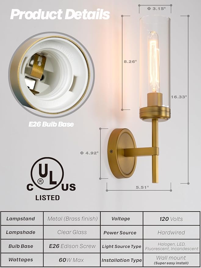 Modern Wall Sconces Set of Two Brass Gold Bathroom Vanity Light with Handblown Clear Glass Hardwired Wall Sconce Light for Bathroom Mirror Bedroom Livingroom Hallway Indoor - Bloomnest