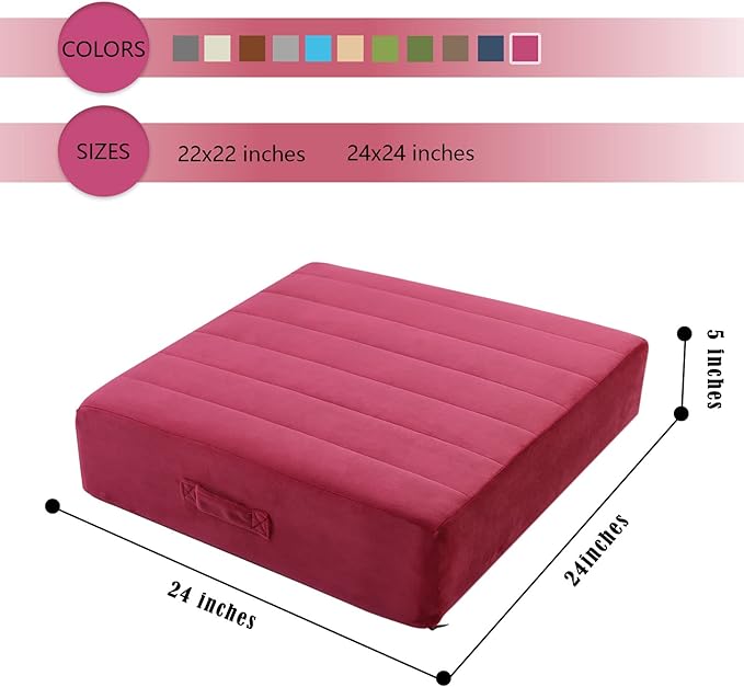 MeMoreCool Square Floor Pillow Seating for Adults Kids, Large Meditation Cushion Floor Pillow with Thick Foam & Soft Tufted Cover, Washable Big Pillow Seat Floor Cushion for Sitting Yoga 24" Wine - Bloomnest