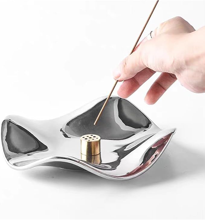 6.7 "Ceramic Incense Burner for Incense/Coil,Wavy Base with Brass -Incense Holder for Sticks,with Ash Catching Bowl for Meditation Yoga and Home Decoration (Silver) - Bloomnest