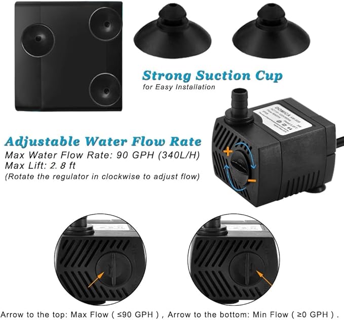 90 GPH Mini Submersible Pump, Small Fountain Pump (5W 350L/H) for water feature, Aquariums, Fish Tank, Tabletop Fountain, Pet Fountain, Indoor or Outdoor Pond Fountain - Bloomnest