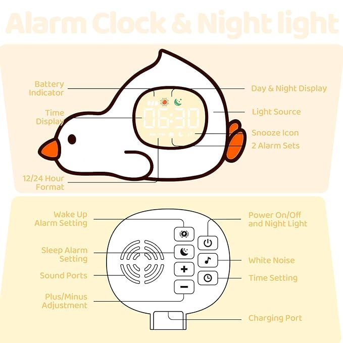 Laying Duck Alarm Clock with Night Light for Kids with Sleep Training and Sound Machine, Rechargeable Silicone Lamp OK to Wake Clock,Cute Animal Tabletop Lamp, Perfect Sleep Companion for Boys Girls - Bloomnest