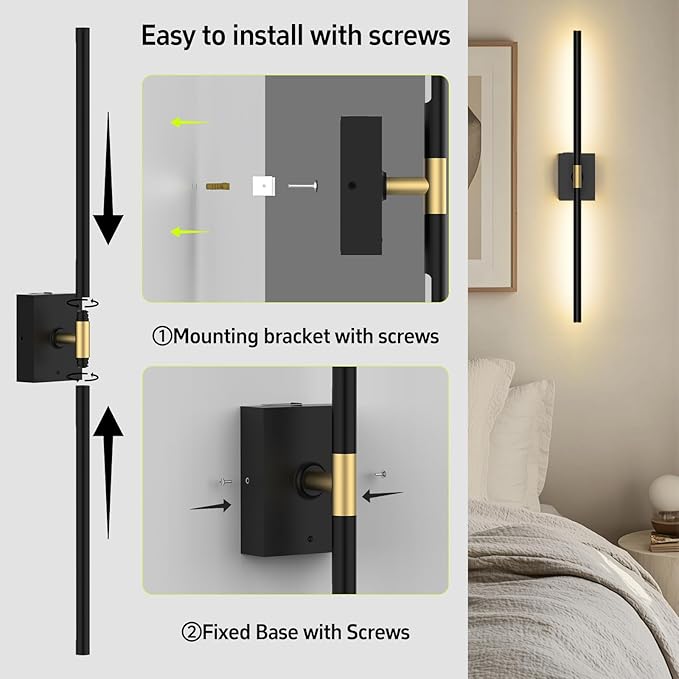 Battery Operated Wall Sconces Set of 2: 10000mAh Rechargeable Wall Lights with Remote Control, 360° Rotate Wireless Wall Scone Decor for TV/Mirror Bedroom Living Room, 31.5 Inch, Black - Bloomnest