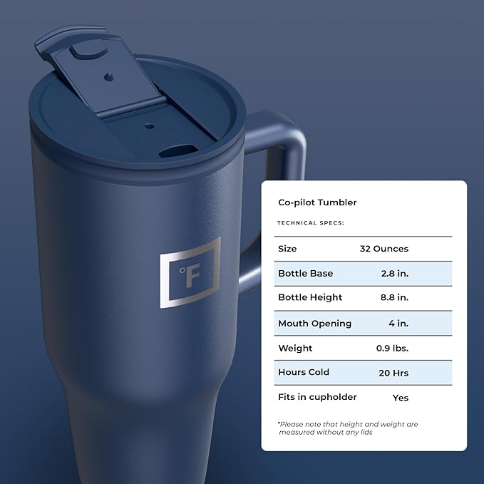 IRON °FLASK Co-Pilot Insulated Mug w/Straw & Flip Cap Lids - Cup Holder Bottle for Hot, Cold Drink - Leak-Proof - Water, Coffee Portable Travel Mug - Twilight Blue, 32 Oz - Bloomnest