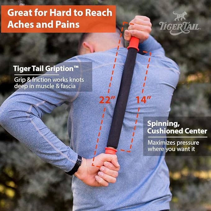 Tiger Tail 22in Massage Stick Portable Roller, Handheld, Deep Tissue Foam Roller, Body Massage and Myofascial Release Tool for Legs, Neck, Calves, Thighs, Shins & Back, The Long One 22, Made in USA