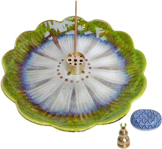 Ceramic Incense Holder for Sticks, Handmade Incense Burner Trays with 3 Pcs Incense Holes, Multi-Purpose Ash Catcher for Coils, White Sage & Palo Santo, Smudge Bowl for Meditation, Yoga, Decor (Green) - Bloomnest