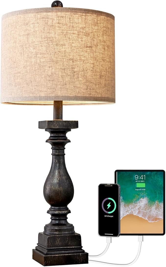 BOBOMOMO Retro 27" USB Charging Ports A/C Farmhouse Single Lamps for Bedrooms Retro Side Table Lamps Bedside Lamp for Side Nightstand Living Room 1 Pack - Bloomnest