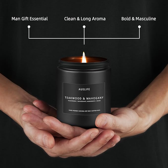 2 Pack Teakwood & Mahogany Candle | Scented Candles for Men, Man Gifts for Men - Masculine Candles - Soy Candle for Home Scented - 7oz Black Jar, Long Lasting - Bloomnest