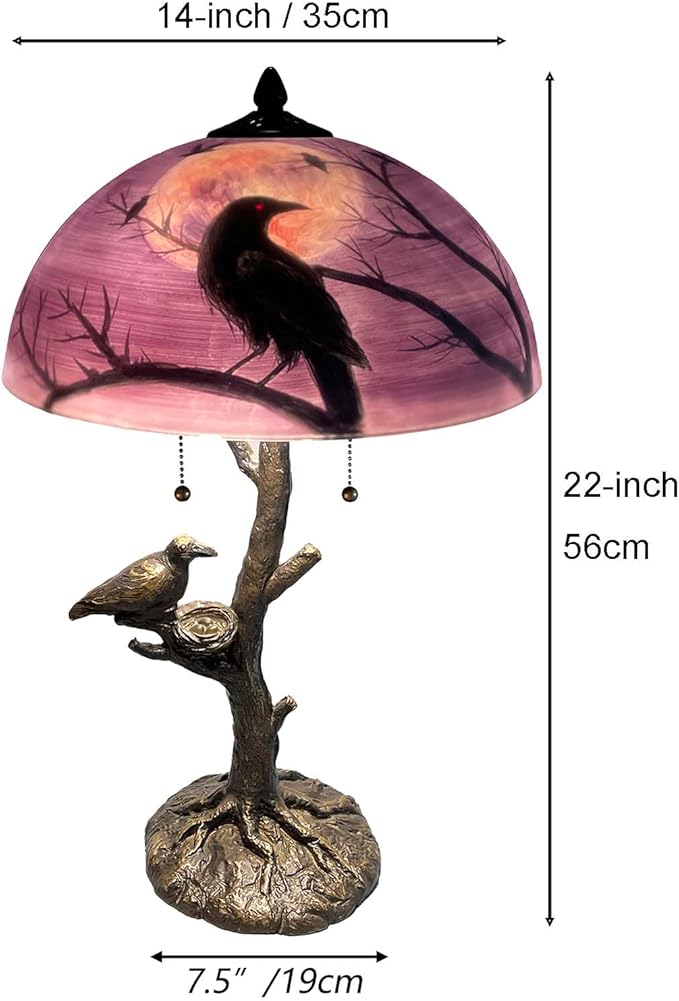 Bieye L13002 Ravens Sitting on Bare Tree Branch Against Full Moon Hand-Painted Glass Table Lamp with Raven Nest Lamp Base for Halloween Home Decor (Reddish Purple, 14" D x 14" W x 22" H)