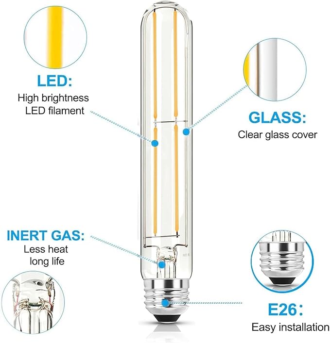 7.3 Inch E26 Led Bulb 6W Dimmable, 5000K Daylight Edison Bulbs 800LM, Equal 80 Watt Tubular T10 T9 Long Clear Glass Light Bulb for Pendant Pipe Wall Sconces Chandeliers - 2Pack - Bloomnest