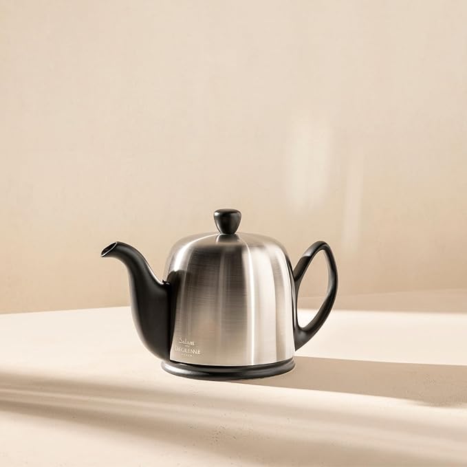 Degrenne Salam Luxury French Tea Pot - Porcelain Teapot with Brushed Aluminum Cover, Ceramic Tea Kettle for Loose Tea, Removable Infuser, 6 Cup Capacity, 36oz - Aluminum - Bloomnest