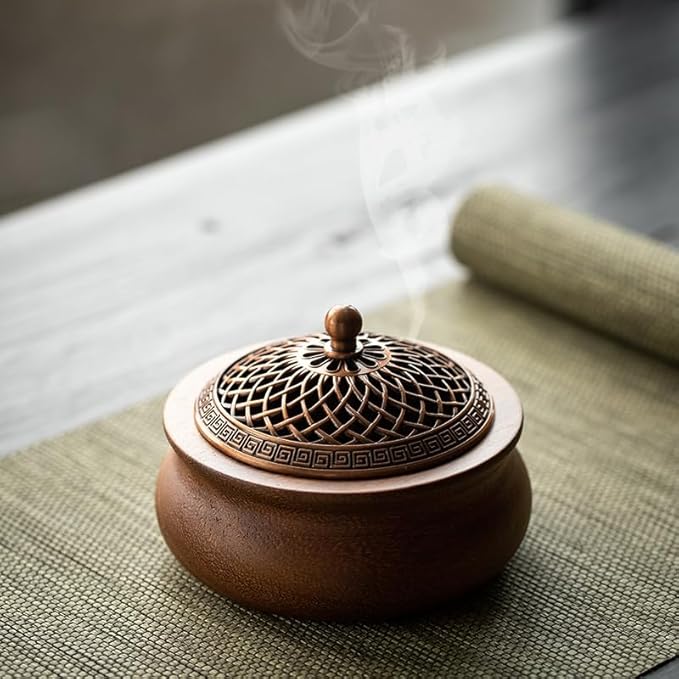 Round Wooden Incense Burner & Holder - 4" Handcrafted Natural Wood Censer with Alloy Lid, Heat-Resistant Tray for Sticks, Cones, Sage, Frankincense (Meditation, Yoga, Home Decor) - Bloomnest