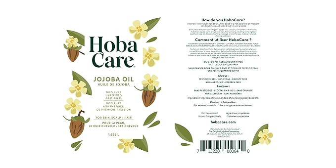 HobaCare Natural Jojoba Oil Bulk - 100% Pure Unrefined Carrier Oil for Skincare, Hair, Face, Beard, Scalp Massage, Bath - Hexane-Free, Long Shelf Life (64 oz Half Gallon) - Bloomnest