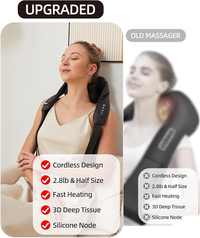 Cordless Neck and Shoulder Massager with Soothing Heat, Upgarded 6D Deep Tissue Kneading, Shiatsu Massager for Neck,Shoulder,Back, Gifts for Men Women Mom Dad - Bloomnest