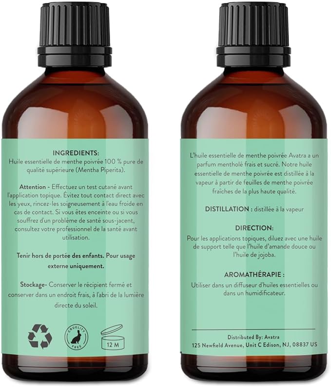 Avatra Peppermint Essential Oil 100ML (3.38 OZ) with Glass Dropper and Travel Bottle, Pure and Natural Therapeutic Grade Peppermint Oil for Diffuser, Aromatherapy, Massage, and DIY Candle Products - Bloomnest