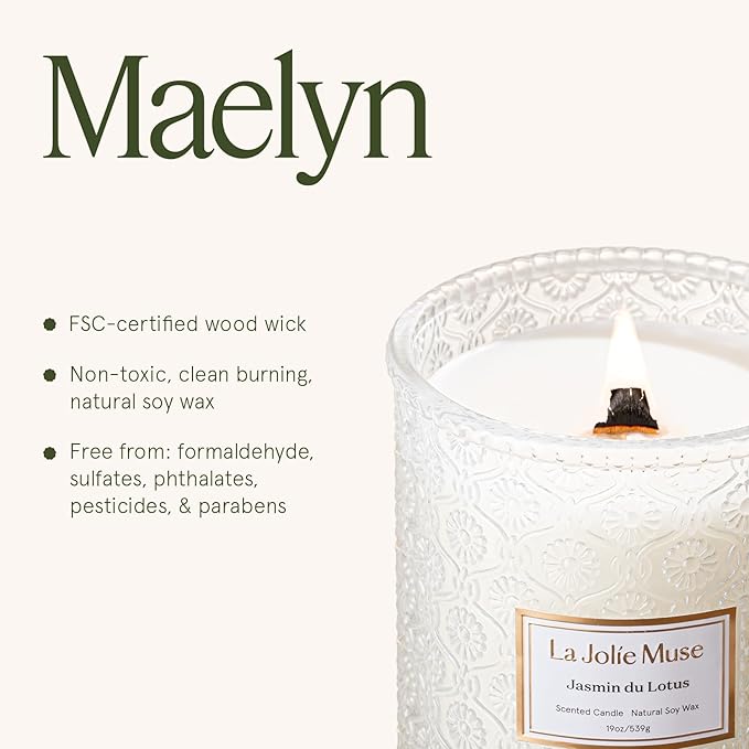 LA JOLIE MUSE Jasmin du Lotus Candle - Ivy, Jasmine, Cedarwood | 19 oz Large Wooden Wick Candle | Natural Soy Wax | 90 Hours Clean Burn | Gift-Ready for Hosts & Gatherings | Modern Home Decor - Bloomnest