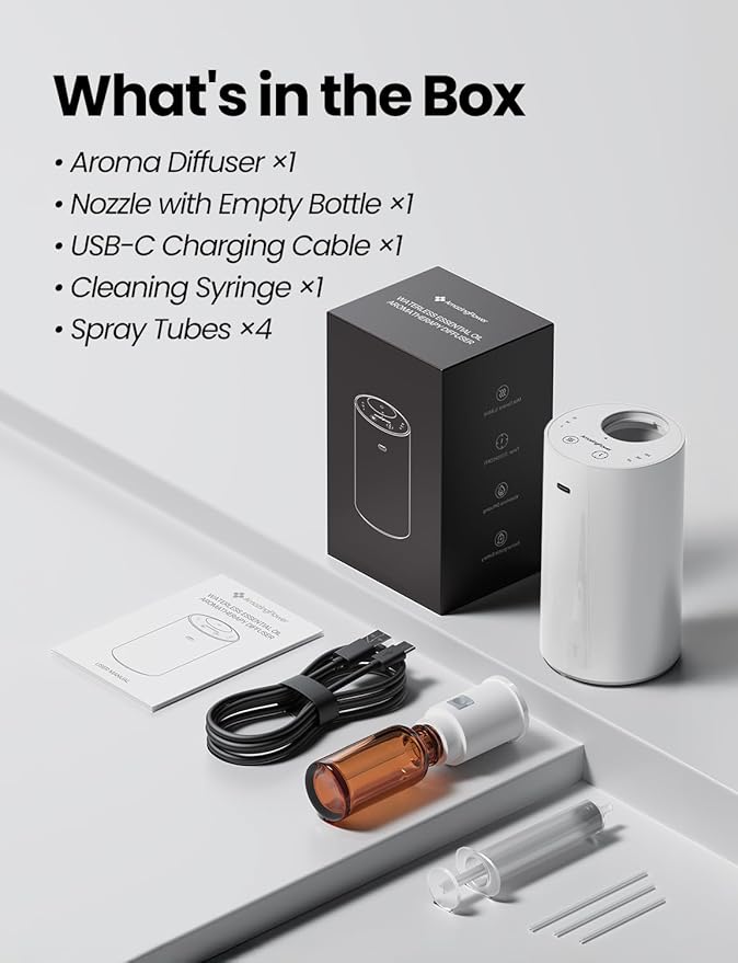 Waterless Essential Oil Diffuser, Portable Aromatherapy Diffuser with 20mL Capacity, Battery Operated Mini Scent Diffuser,3 Mist Levels & Timers, Leak-Free, for Home, Car, Office (White) - Bloomnest