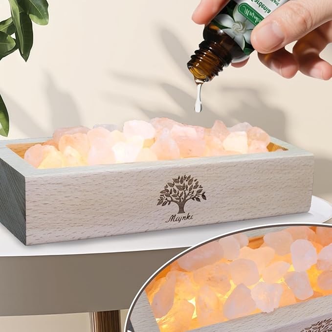 Himalayan Salt Lamp Diffuser - 300g Pink Salt with Wood Base, USB Powered, Warm Light & 10ml Gardenia Essential Oil Set for Aromatherapy, Relaxation, Meditation, Home Decor, Gifts - Bloomnest