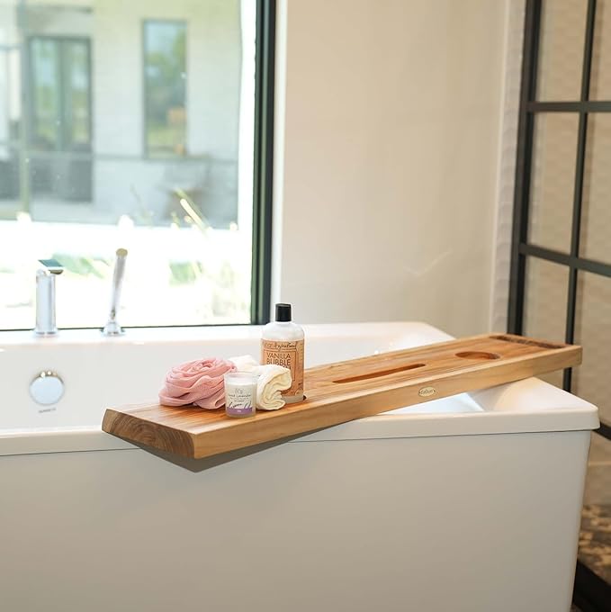 EcoDecors Eleganto 36" Live Edge Solid Teak Bath Caddy Tray with Handle, Book & Tablet Holder, Wine Glass Holders, Luxury Bathtub Tray - Bloomnest