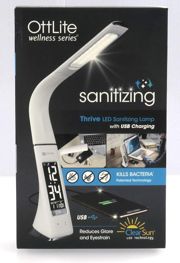 OttLite Thrive LED Sanitizing Desk Lamp with Clock and USB Charging - Eliminates up to 99.9% of Bacteria, Touch Activated, Flexible Neck, Modern Light for Reading, Crafting & Office Desktop - Bloomnest