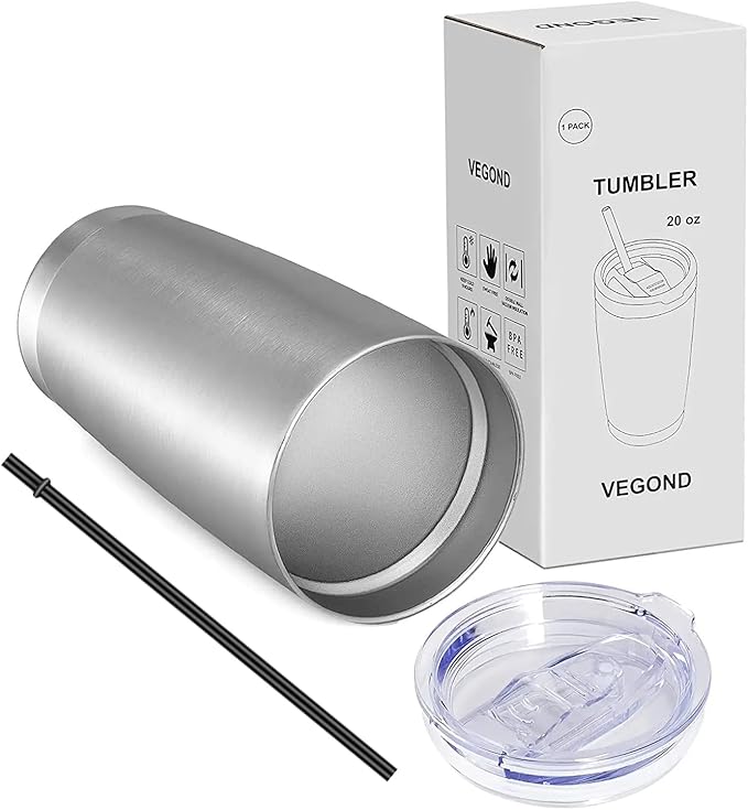VEGOND 20oz Tumbler with Lid and Straw Stainless Steel Tumbler Cup Vacuum Insulated Double Wall Travel Coffee Mug Powder Coated Coffee Cup(Stainless 1 Pack) - Bloomnest