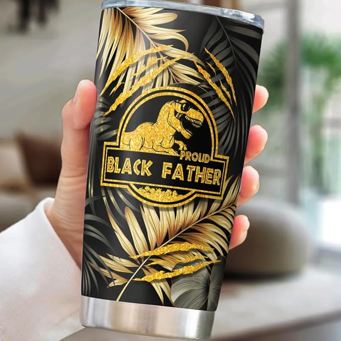 Proud Black Father Dinosaur Tumbler, 20oz or 30oz Custom Stainless Steel Mug with Kids' Names, Cute Dino Characters, Gift for Dad from Children, Personalized Father's Day Travel Cup - Bloomnest
