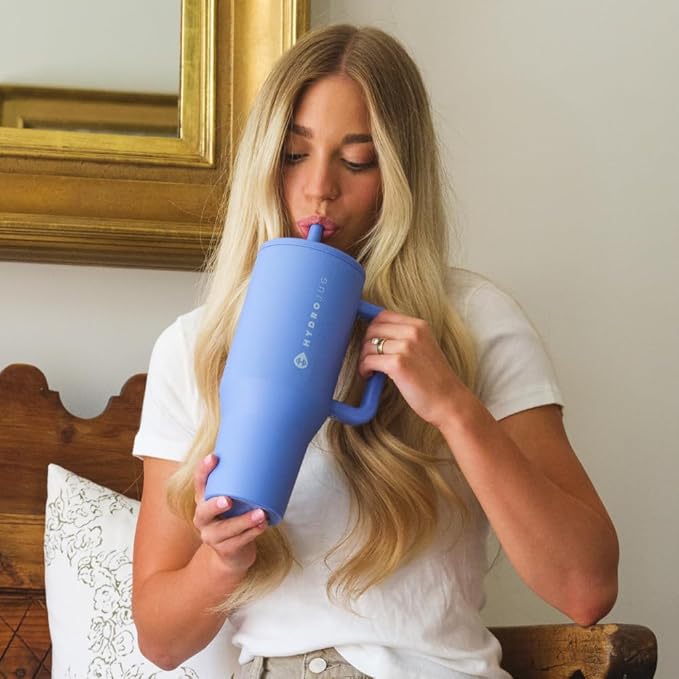 HydroJug Traveler - 32 oz Water Bottle with Handle & Flip Straw - Fits in Cup Holder, Leak Resistant Tumbler-Reusable Insulated Stainless Steel & Rubber Base - Gifts for Women & Men, Light Blue - Bloomnest