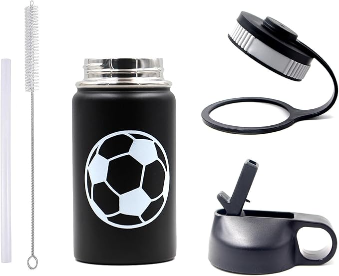 12 oz Soccer Water Bottle with Straw, Sports Flask Metal Travel Tumbler with 2 Lids, BPA Free Stainless Steel Double Wall Vacuum Insulated Leak Proof Thermo Water Bottles, Soccer Gifts for Boys Girls - Bloomnest