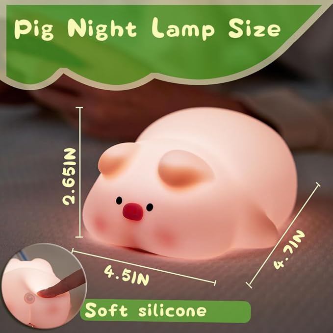 Cute Pig Lamp, Fun Lying Flat Pig Night Light, LED Squishy Animal Novelty Lamp, Light up Duck for Kids Great Gift, 3 Level Dimmable Nursery Nightlight Rechargeable Bedside Touch Lamp (Pig Lamp) - Bloomnest