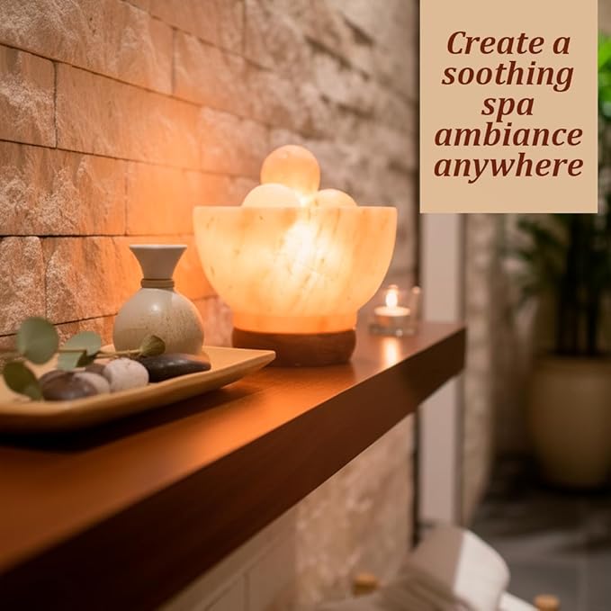 POHS Himalayan Pink Salt Fire Bowl Lamp with 5 Massage Balls, dimmable Switch Electrical Cord, with Replaceable Bulbs, Premium Wood Base. - Bloomnest