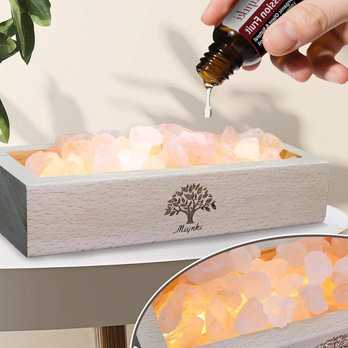 Himalayan Salt Lamp Diffuser - 300g Pink Salt with Wood Base, USB Powered, Warm Light & 10ml Passion Fruit Essential Oil Set for Aromatherapy, Relaxation, Meditation, Home Decor, Gifts - Bloomnest