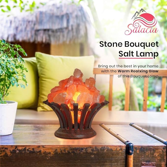 Stone Bouquet - A Himalayan Salt Lamp Bowl with Dimmer Cord - 100% Natural Pink Salt Rocks with Neem Wood Basket, Natural Himalayan Salt Ball Bowl Lamp, Premium Quality Wood Base Light.