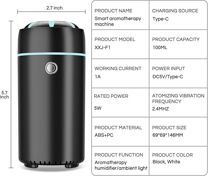 Car Humidifier Diffuser - Smart Cool Mist Air Freshener for Essential Oils - USB for Car, Home, Office, Bedroom (Black) - Bloomnest
