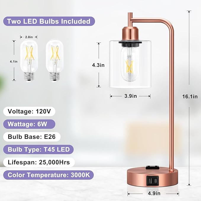 Innqoo Industrial Touch Table Lamps for Bedrooms Set of 2-3-Way Dimmable Lamps with USB C+A Ports and Outlet, Copper Bedside Lamps with Clear Glass Shade for Living Room, Desk Lamps for Home Office - Bloomnest