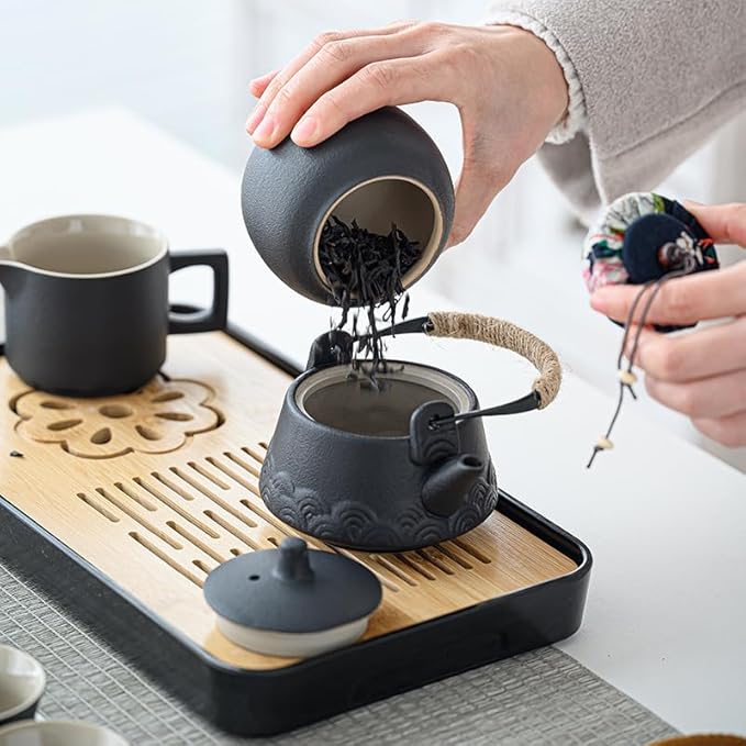 LURRIER Gongfu tea sets, Portable Ceramic TeaSet, Asian Tea sets for adult, Tea Gift sets, Grey leather case, Portable Travel Bag,Home,Gifting,Outdoor and Office(Black) - Bloomnest
